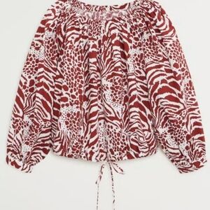 Mango Red and White Printed Off-Shoulder Blouse